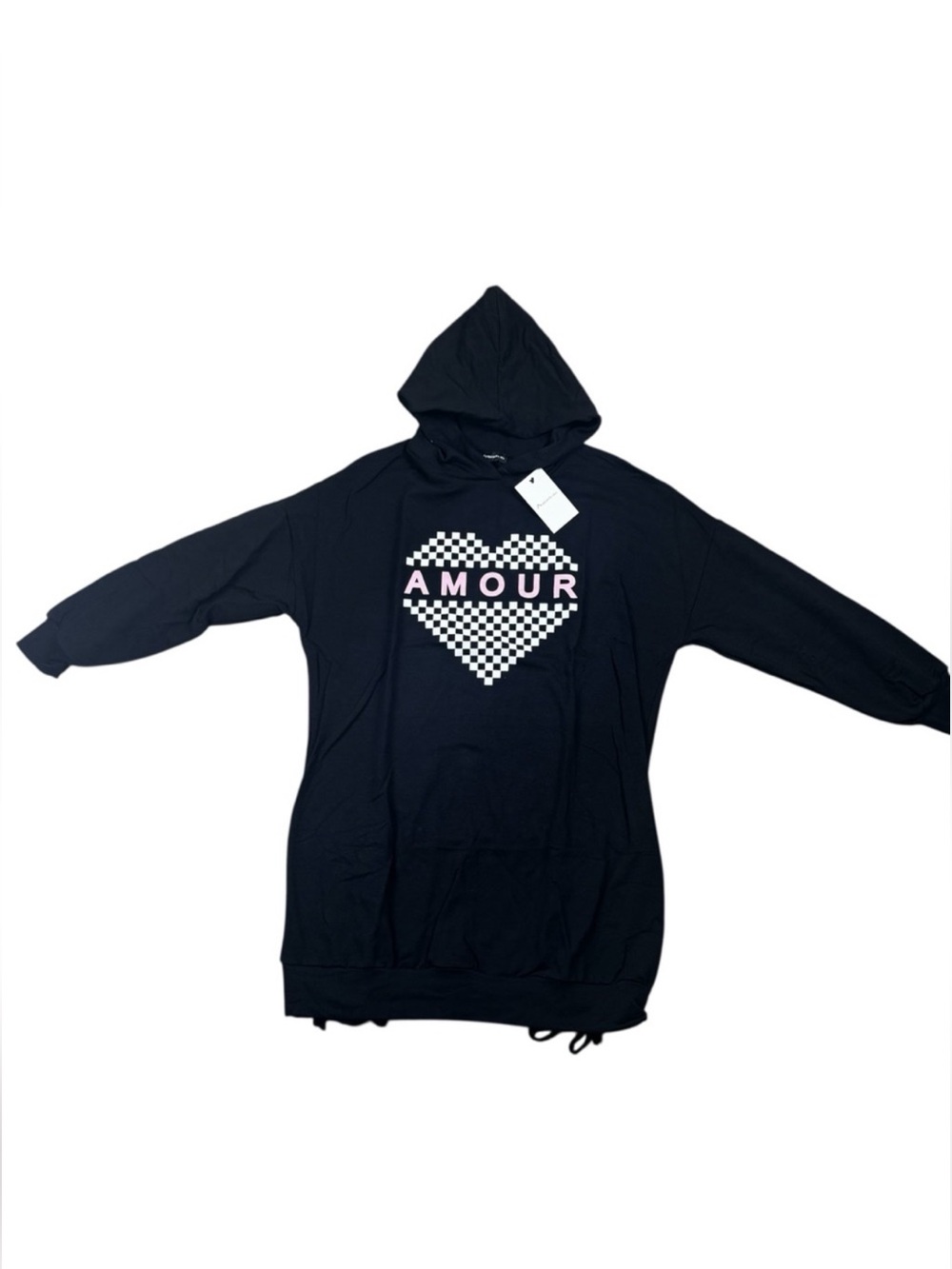 NWT Amour Black Corset Lace Up Checkered Hoodie Sweatshirt Mini Dress Boutique - Picture 8 of 9